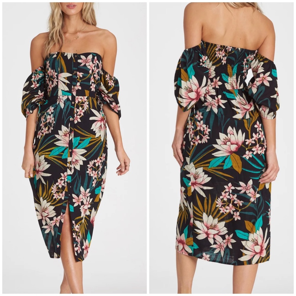 Billabong Floral Midi Dress Tropical Off Shoulder Size Small